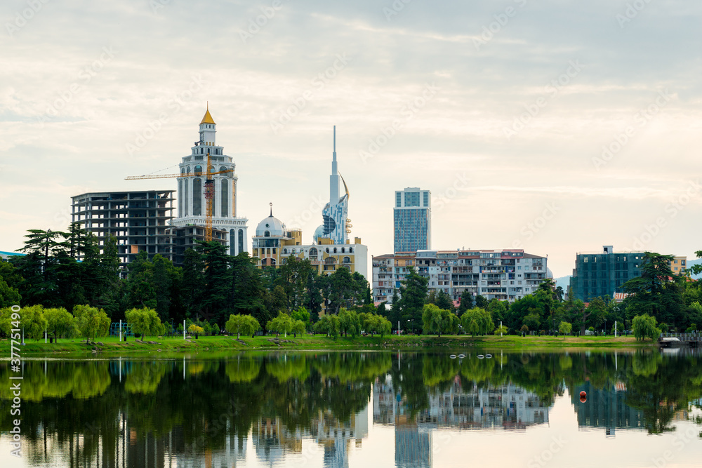 view of the embankment of Batumi, Georgia from the lake