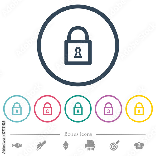 Locked padlock with keyhole flat color icons in round outlines