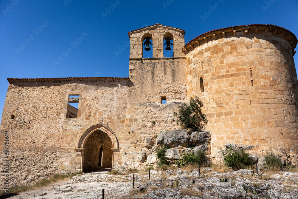 Romanesque church Ermita de San Frutos. Abandoned hermitage built on top of a hill among cliffs, made of stone. No people on the picture. Hoces del Duratón (Duraton gorges), Segovia, Spain