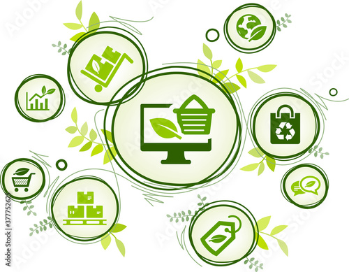 ecological product and packaging vector illustration. Green concept with icons related to environmentally friendly organic shopping or ecommerce, sustainable procurement or purchasing, zero waste.