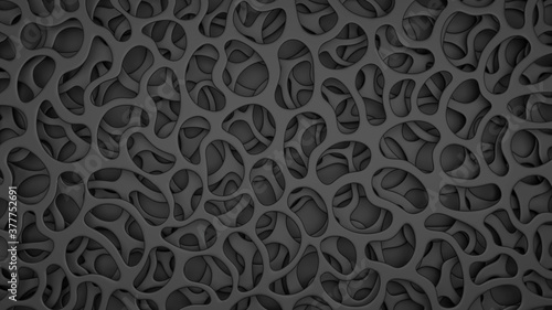 Abstract organic mesh pattern background. Overlapped black cell grid panels with drop shadow. 3D rendering image.