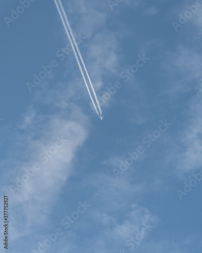 UPS 747F flying over England in blue skies