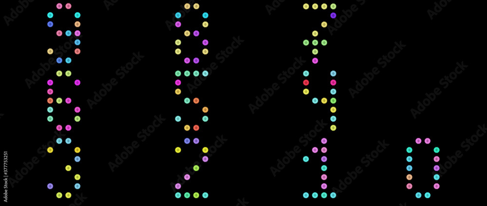 Render with collection of isolated multicolored numbers from 9 to 0
