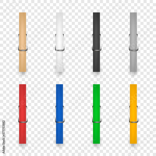 Vector 3d Realistic Clothes Pin Icon Set Closeup Isolated on Transparent Background. Design Template of Wooden Pegs Holding