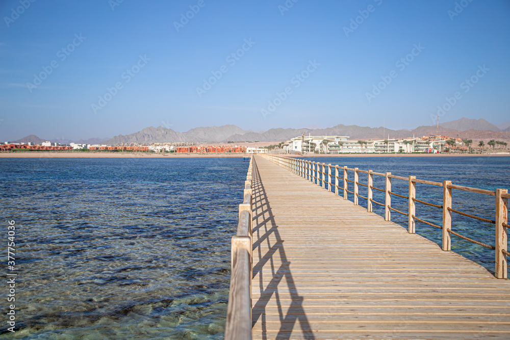 The background is a beautiful wooden long pier