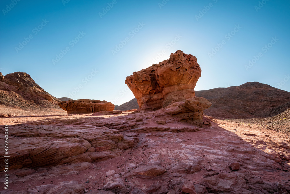 Sculpture of a Muchroom and a Half made by nature in the Arava Valley near Eilat. Timna Park. Israel. 
