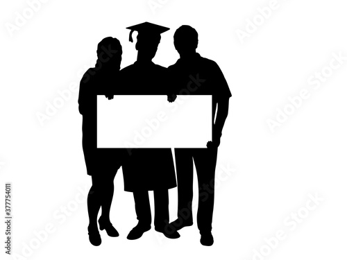 Silhouette graduate with parents holding poster banner placard blank white sheet for text space