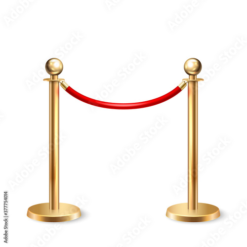 Vector 3d Realistic Fence for the Red Carpet Closeup Isolated on White Background. Red Barrier Rope. Golden pole. Front View. Luxury, VIP concept. Equipment for Events
