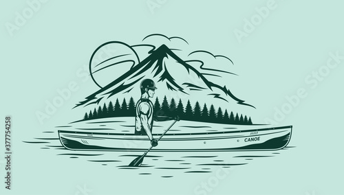Man canoeing on mountain lake vector illustration. Water sport and canoeing design concept