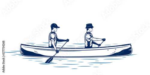 Two men canoeing on a river vector illustration. Water sport and canoeing design concept