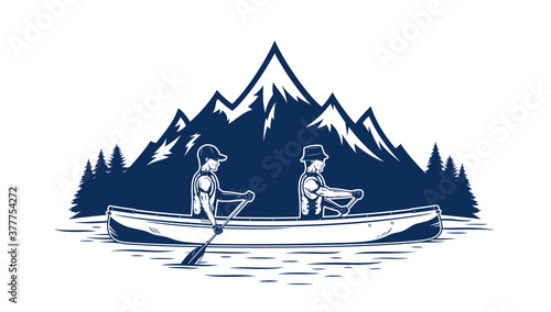 Two men canoeing on mountain lake vector illustration. Water sport and canoeing design concept