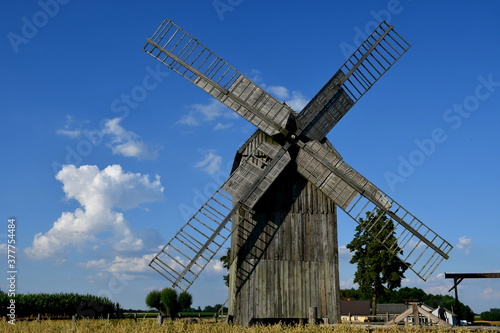 View of a massive wooden historic windmill with its body and blades made out of planks  logs  and boards standing in the middle of a field ready to be harvested seen on a cloudy summer day in Poland
