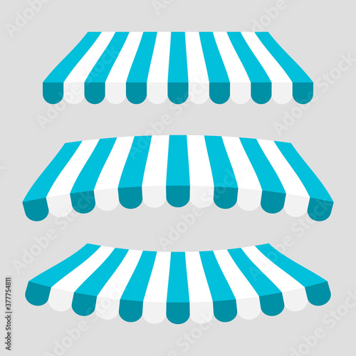 Vector illustration colorful striped awnings for shop set blue