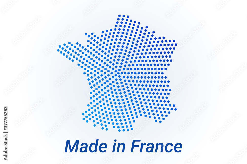 Map icon of France. Vector logo illustration with text Made in France. Blue halftone dots background. Round pixels. Modern digital graphic design.