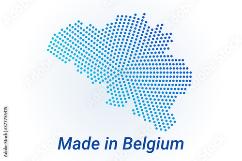 Map icon of Belgium. Vector logo illustration with text Made in Belgium. Blue halftone dots background. Round pixels. Modern digital graphic design.