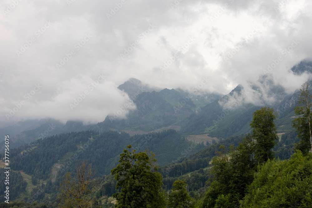 Forested mountains with clouds, ski resort in summer Forested mountains with clouds, ski resort in summer