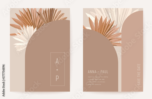 Wedding invitation minimalist card, boho art deco tropical palm leaves poster, frame set, modern minimal terracotta template vector. Save the Date golden foliage trendy design, luxury brochure
