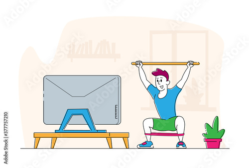 Man Doing Morning Exercises or Stretching Workout at Home. Male Character Healthy Lifestyle, Lunges with Rubber Tape