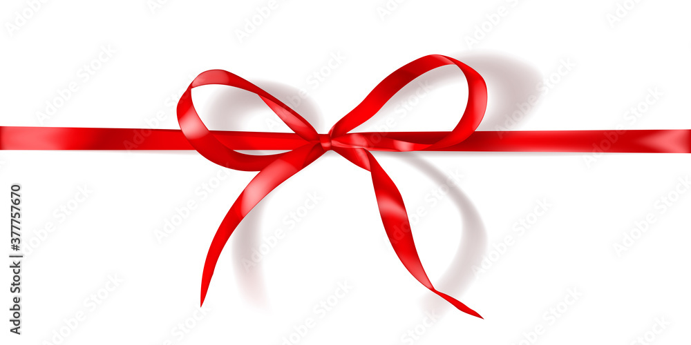 Red bow made of narrow ribbon with shadow on white background. Horizontal arrangement Red bow made of narrow ribbon with shadow on white background. Horizontal arrangement