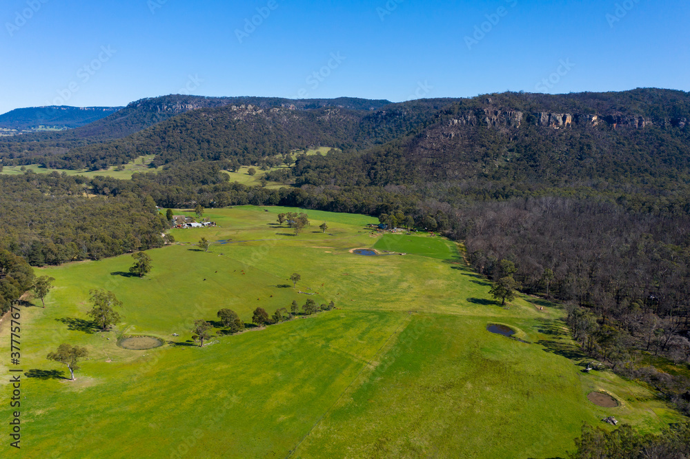 A lush green agricultural valley in The Blue Mountains in Australia