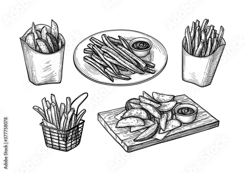 Ink sketch of fried potatoes.