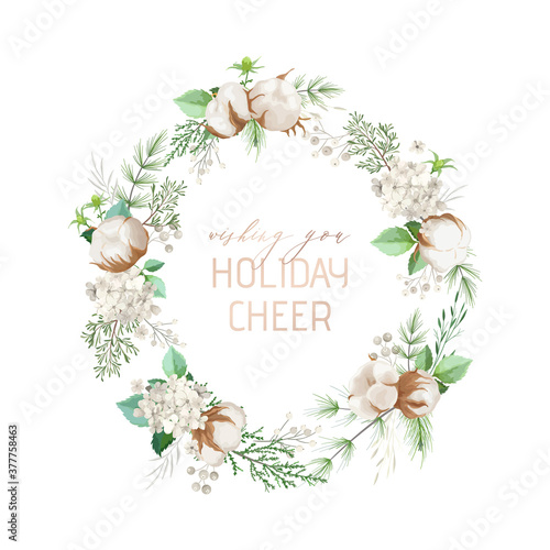 Christmas winter wreath, Green pine, cotton flowers, holly berry. Xmas holiday design greeting card template. Vector illustration for banner, flyer, cover. Vector floral illustration
