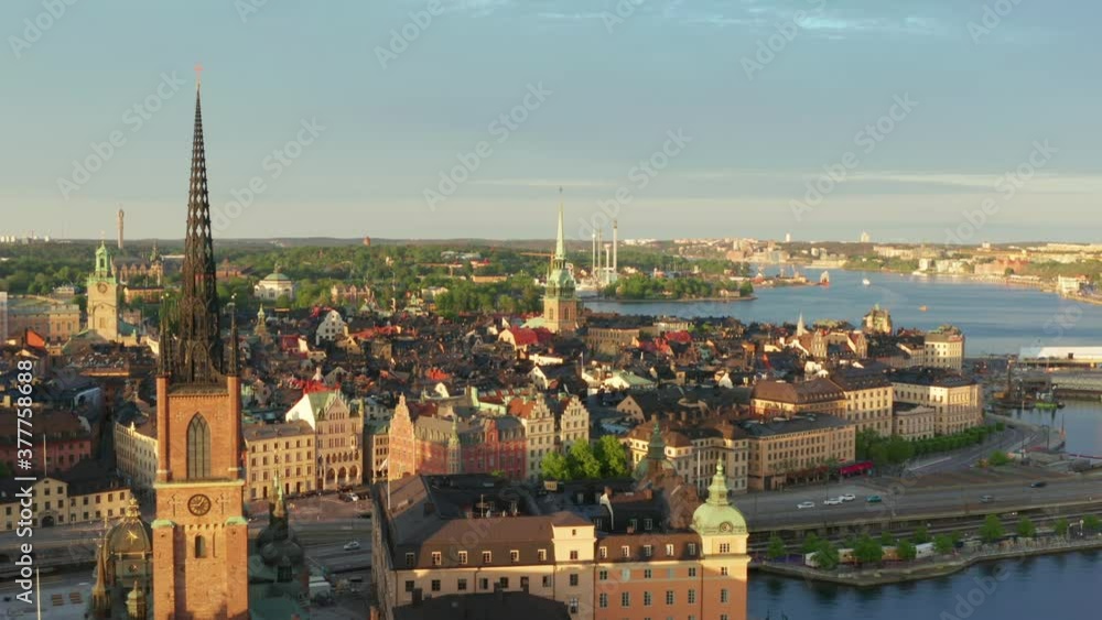 Stockholm old town drone shot on summer evening at sunset. old buildings