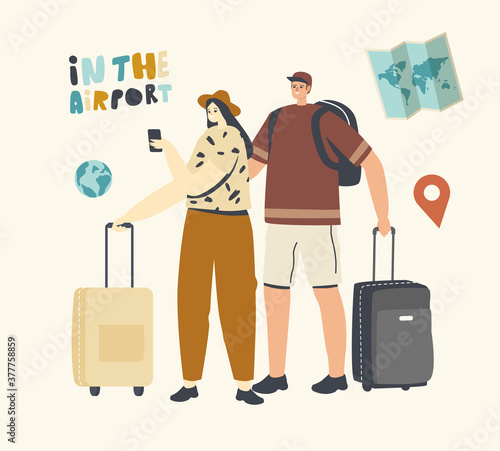 People Travel, Woman and Businessman in Airport. Male and Female Travelers Characters with Luggage Boarding on Airplane