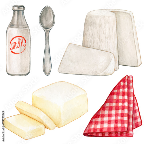 Watercolor dairy products and red checkered napkin