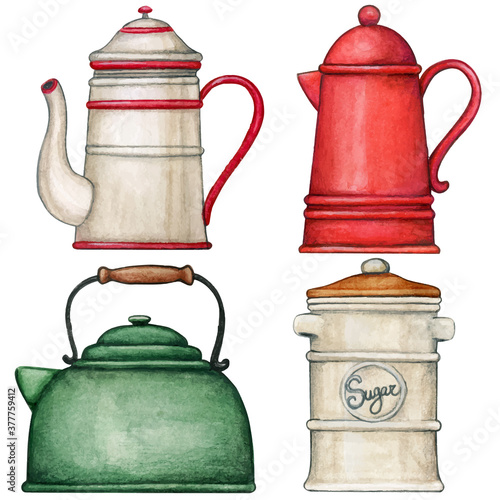 Watercolor vintage kettle and coffee and tea pots collection with sugar pot