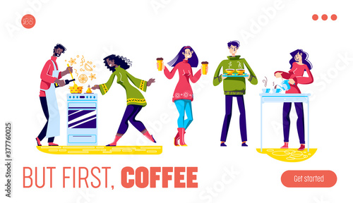 Coffee first landing page with cartoon characters preparing hot beverages