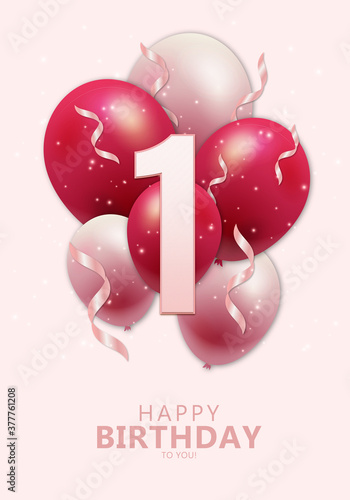 Happy 1st birthday with realistic red and rosegold balloons on light rose background. Set for Birthday, Anniversary, Celebration Party. Vector stock.