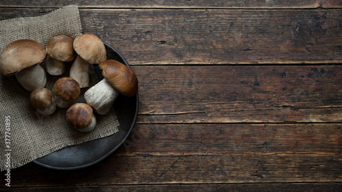 Fresh forest mushrooms /Boletus edulis (king bolete) / penny bun / cep / porcini in an old bowl / plate on the wooden dark brown table, top view background 