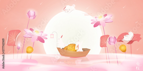 Happy Mid autumn festival. Chinese translation: Mid Autumn Festival. Chinese Mid Autumn Festival design template for Banner, flyer, greeting card, poster with full moon, moon rabbits, lotus flower.