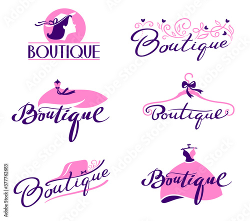 Set of Boutique Lettering and Typography. Hand Drawn and Typing Writings with Elegant Cursive Font with Woman Dress, Hat