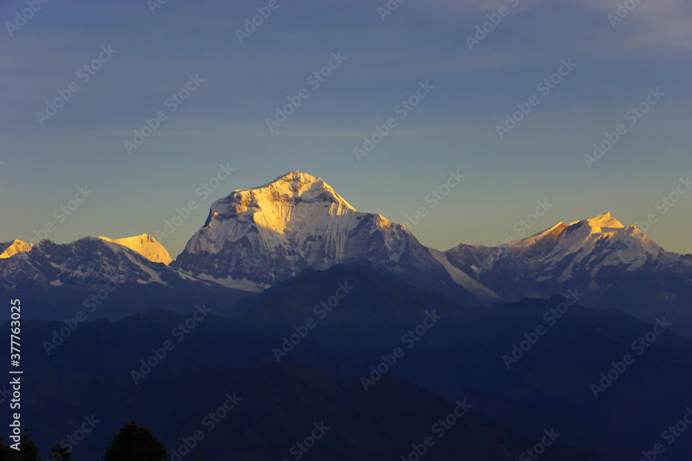 Sunrise view on Annapurna Mountain Range from Poon Hill. Viewpoint on the Annapurna Circuit.