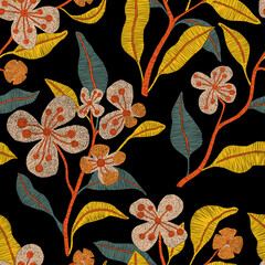Stickers Vintage bloemen patronen Geborduurde bloementakken op zwarte achtergrond  © flovie