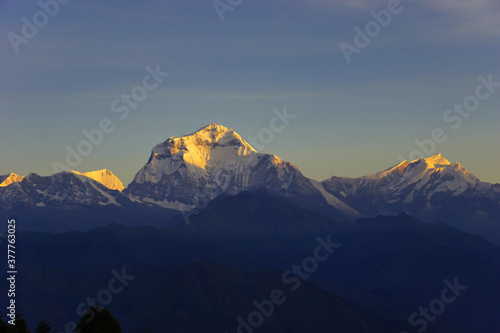 Sunrise view on Annapurna Mountain Range from Poon Hill. Viewpoint on the Annapurna Circuit. © Silvio