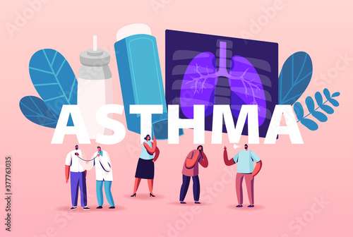 Pulmonology and Asthma Disease. Tiny Characters at Huge Lungs and Inhaler, Respiratory System Examination and Check Up