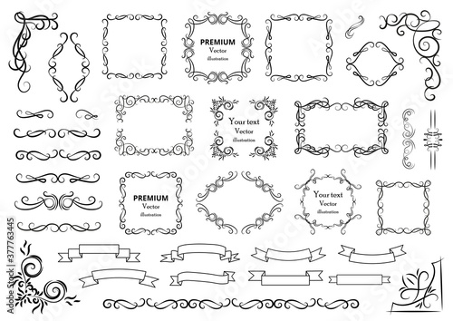 Calligraphic design elements . Decorative swirls or scrolls, vintage frames , flourishes, labels and dividers. Retro vector illustration..