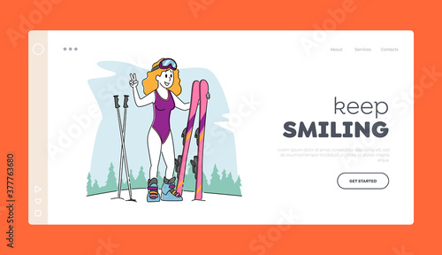 Hardening Body for Strong Health Landing Page Template. Woman Wearing Swimsuit Posing with Skis. Healthy Life, Sport