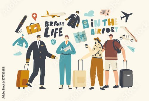 Characters in Airport. People Boarding on Airplane. Travelers and Aircraft Crew Pilot with Stewardess Invite Passengers