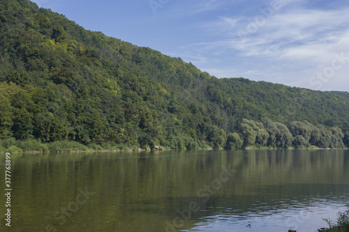 The bank of the river with forest water reflection