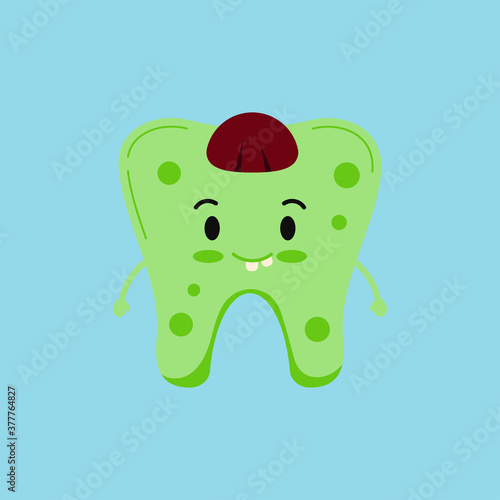 Cute tooth in zombie costume isolated vector icon. Green tooth in Halloween zombi carnival costume - dentist character for dentist halloween card. Flat design cartoon style dental illustration.