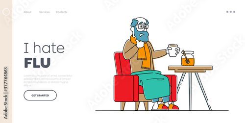 Character Caught Flu, Sickness Landing Page Template. Sick Senior Having Cold. Diseased Sad Man Drinking Hot Beverage
