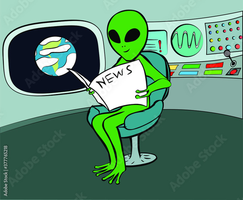 Vector illustration of reading newspaper smiling alien, that sitting in armchair in cabin of his spaceship. In the cabin there is a porthole with the planet (earth?) and a complex remote with screens.