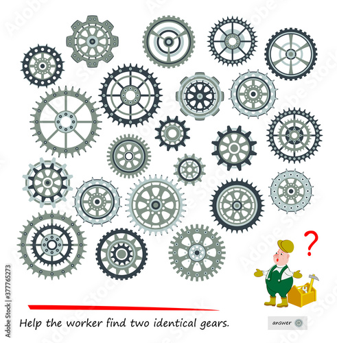 Logic puzzle game for children and adults. Help the worker find two identical gears. Printable page for brain teaser book. IQ test. Task for attentiveness. Kids activity sheet. Play online.