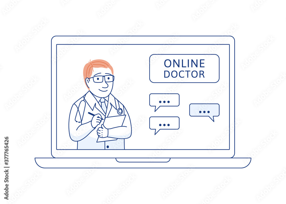 Doctor online thin line concept. Medical consultation support internet diagnosis. Telemedicine web communication. Therapist with checklist. Health care vector illustration isolated on white background Doctor online thin line concept. Medical consultation support internet diagnosis. Telemedicine web communication. Therapist with checklist. Health care vector illustration isolated on white background