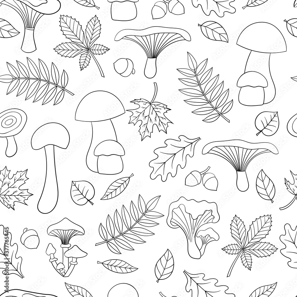 Seamless pattern with edible mushrooms and autumn leaves, coloring page Seamless pattern with edible mushrooms and autumn leaves, coloring page