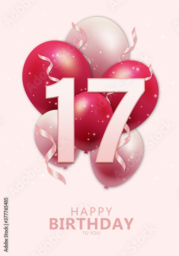 Slika na platnu Happy 17th birthday with realistic red and rosegold balloons on light rose background